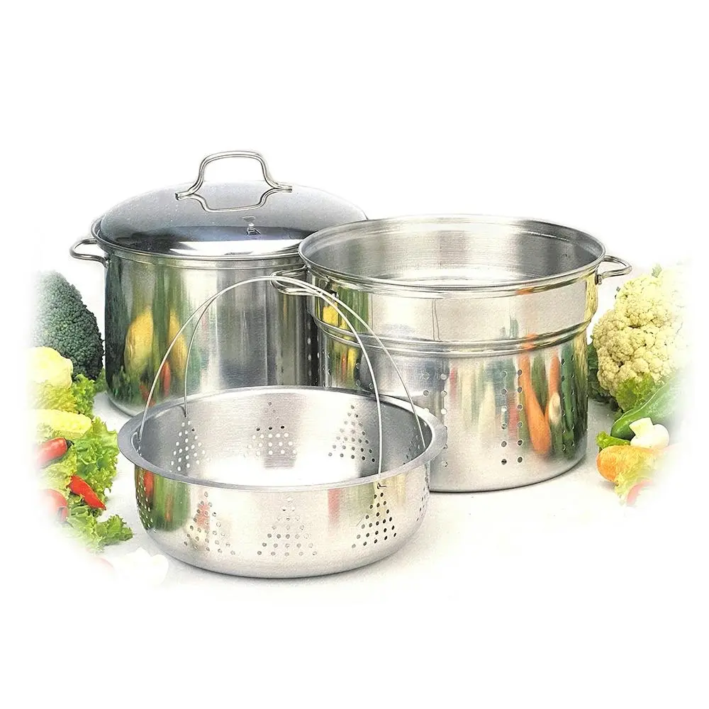 4pc Stainless Steel 7.6L Stockpot Food Steamer Basket & Strainer Colander Pasta - Home & Garden