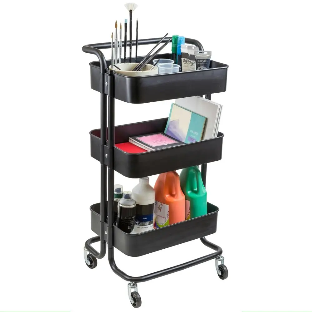 Jasart Art & Craft Mobile Studio Trolley Cart Shelf Organiser w/ Wheels Black - Hardware