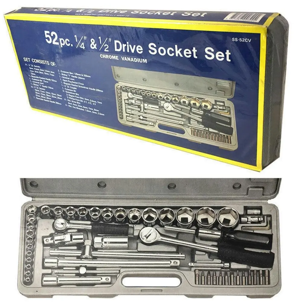 52pc 1/4 1/2 Drive Socket Tool Set/Ratchet Screwdriver Handle Bits Spark Plug - Hardware