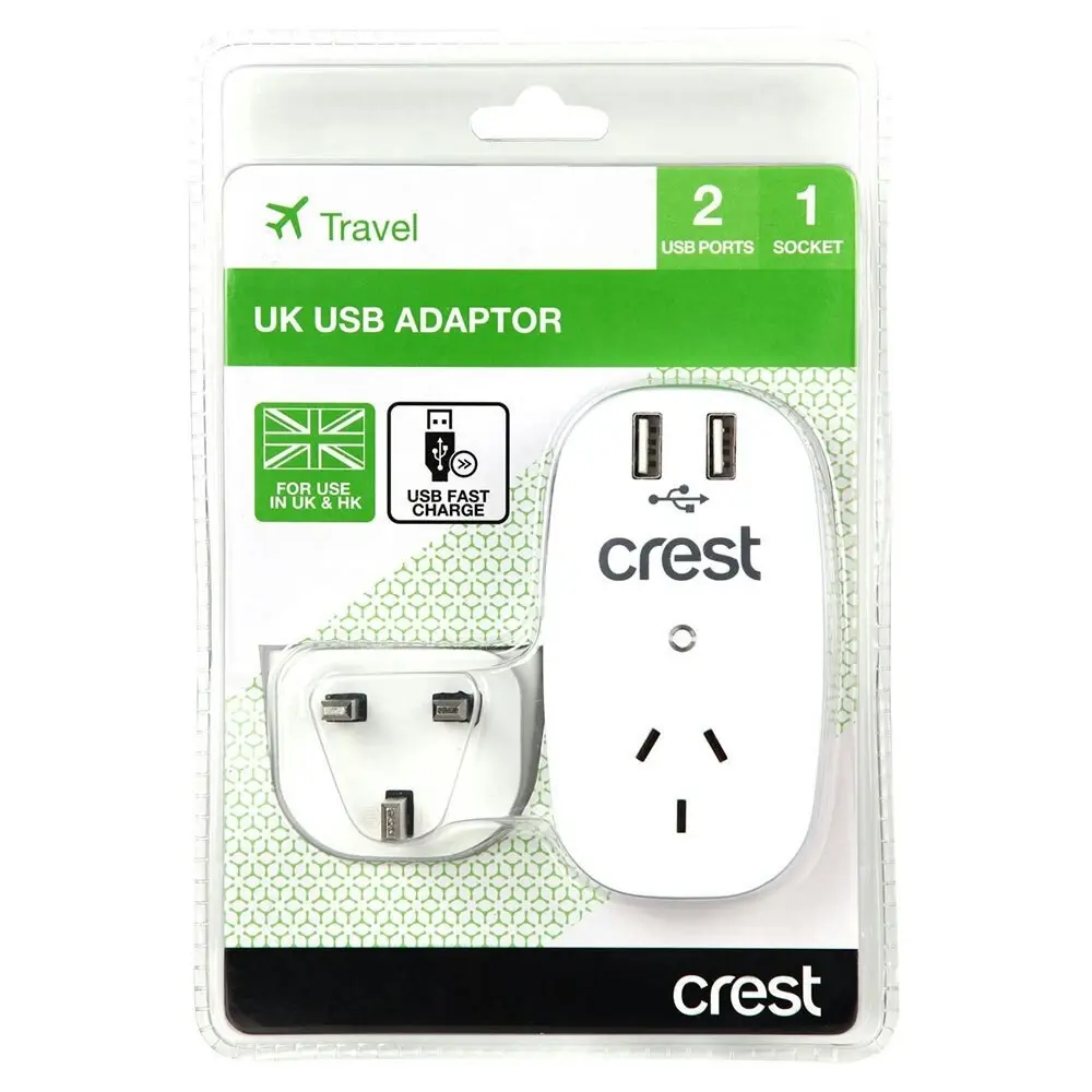Crest Travel Electrical UK/HK/MY/SG 2 USB Fast Charge Port Adapter/AU Socket - Electronics