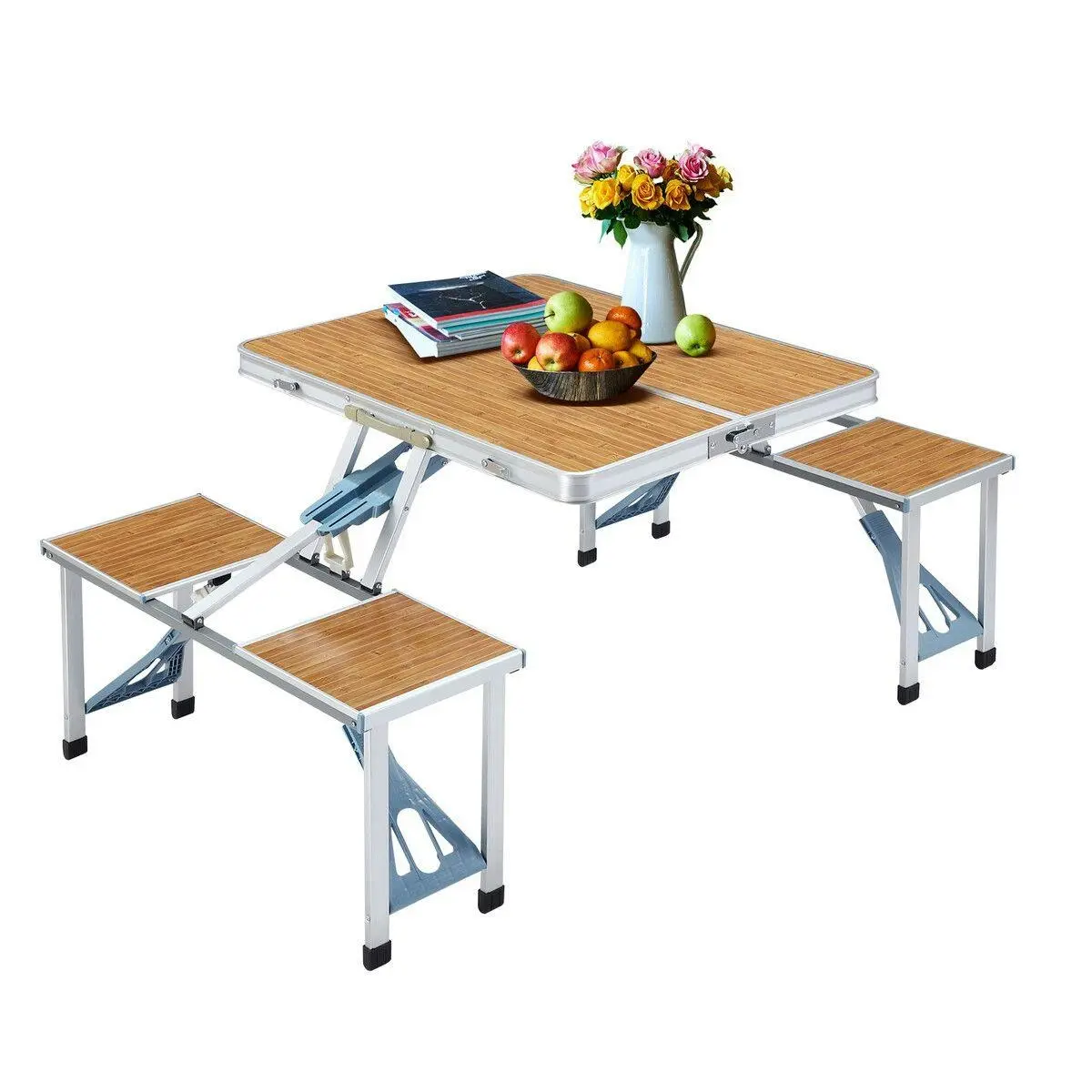 Ausway Folding Camping Table Set Outdoor Dining Beach Picnic Chairs Bench Party Portable Aluminium 4 Seats - Sports & Outdoor