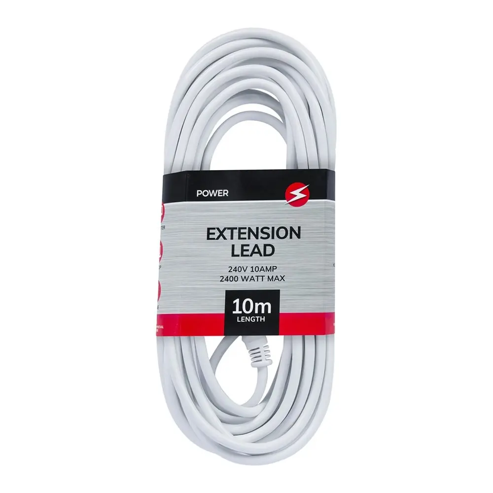 Power 10m Extension Lead/Cord Cable AU/NZ 2400W 240V Home/Office Plug White - Hardware