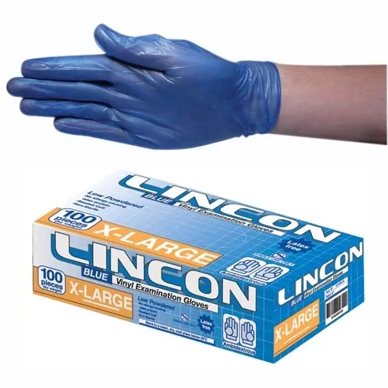 Lincon Vinyl Low Powder Gloves 6.0g Extra Large Blue HACCP Grade 100 Box 1000 Carton - Commercial