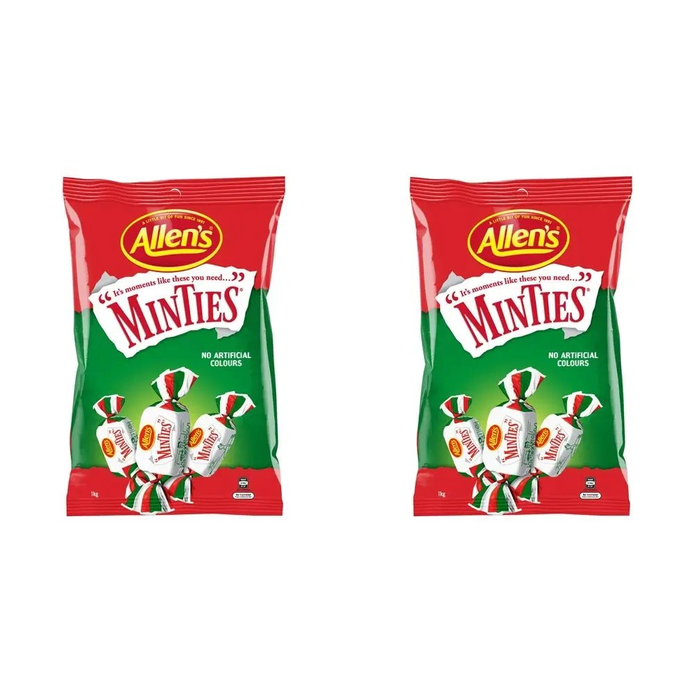 2x Allen's 1kg Minties Peppermint Flavoured Chewy Candy/Lolly Snack Pack Bag - Groceries