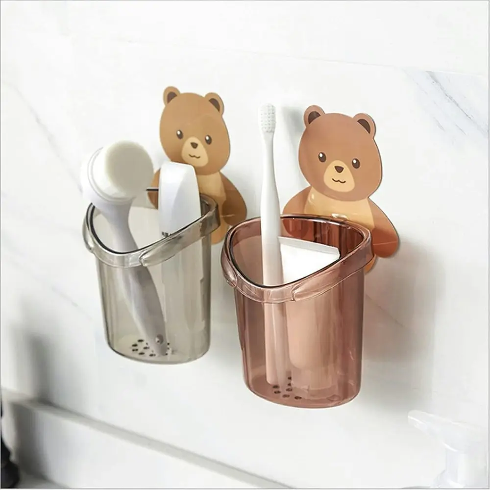 2pcs Wall-mounted bear toothbrush cup holder punch-free storage rack