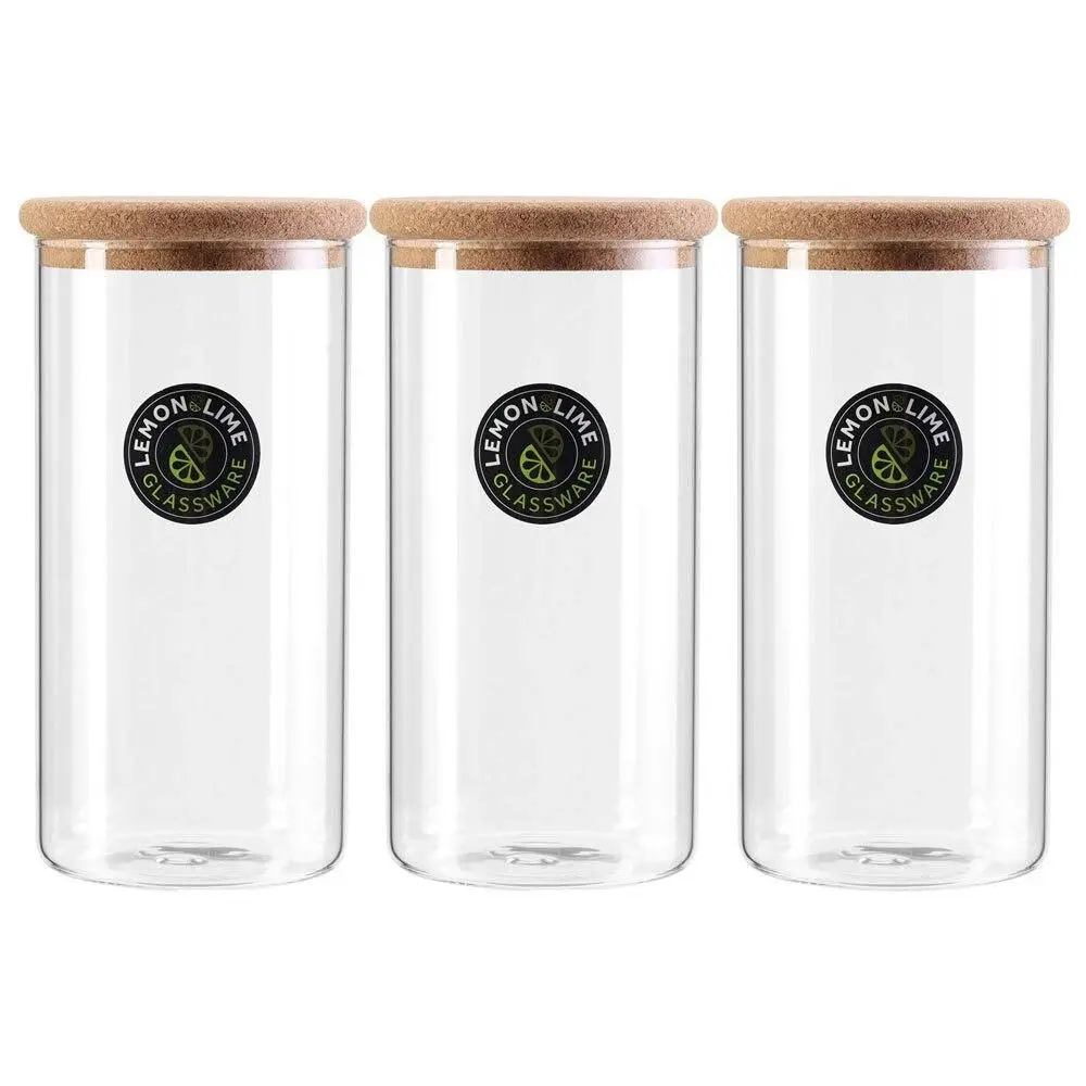 3x Lemon & Lime Stockholm Glass Canister 1.3L Cork Lid Kitchen Storage Container - Home & Garden