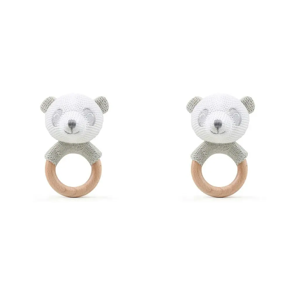 2x The Peanutshell Panda Wood Ring Teether 13cm Baby Teething Animal Toy Grey 0+