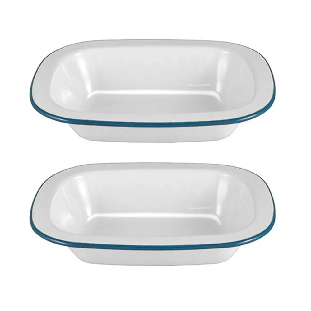 2x Urban Style Enamelware 18cm Pie Dish Rectangle Snack Container w/Blue Rim WHT - Home & Garden