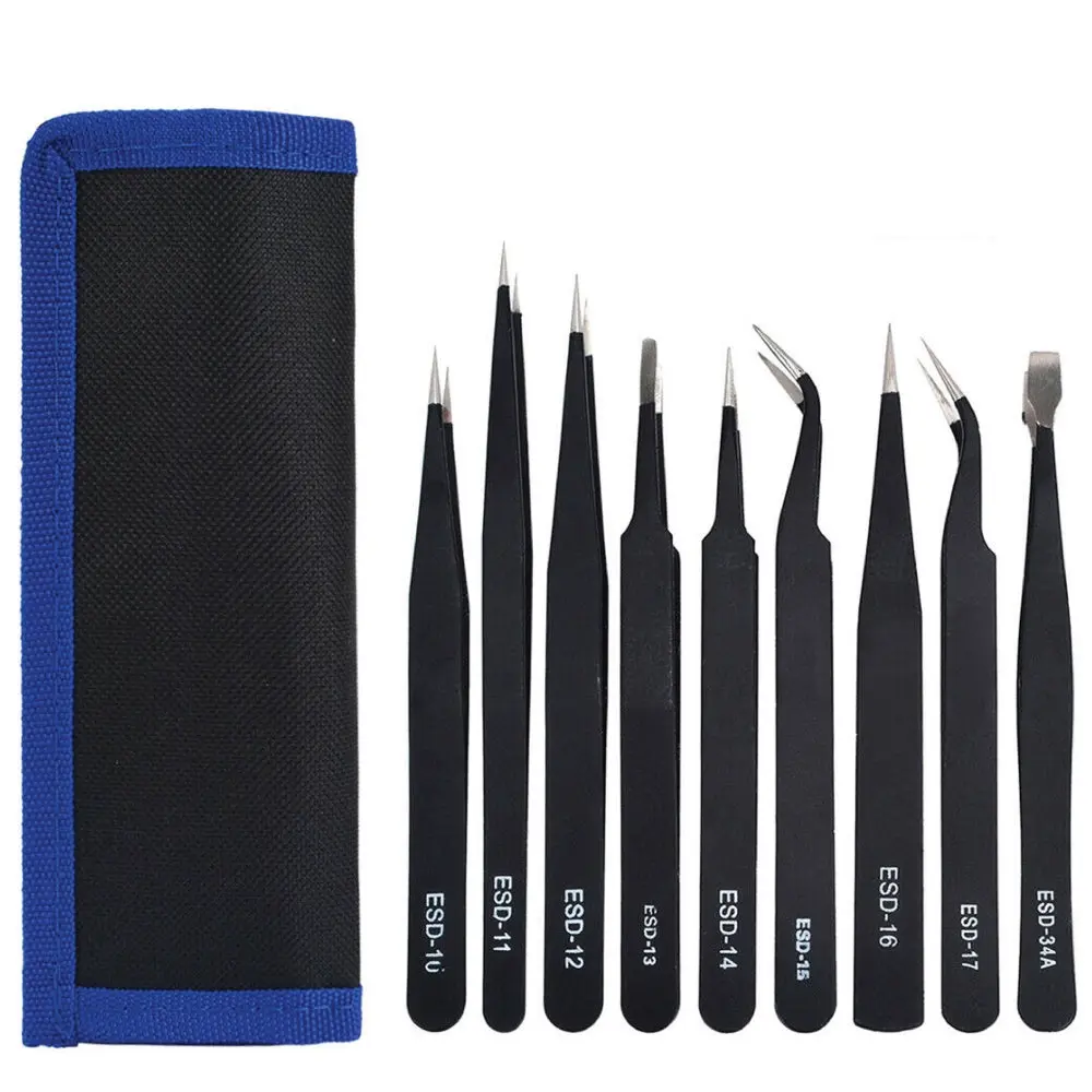 9 Piece Precision Tweezer Set with Bag - Hobbies