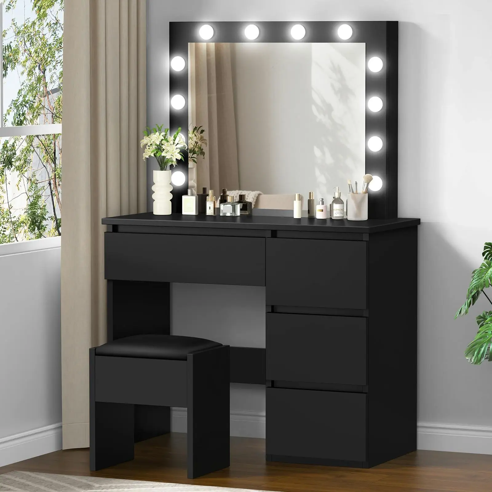 Alfordson Dressing Table Stool Set 12 Bulbs Black - Furniture