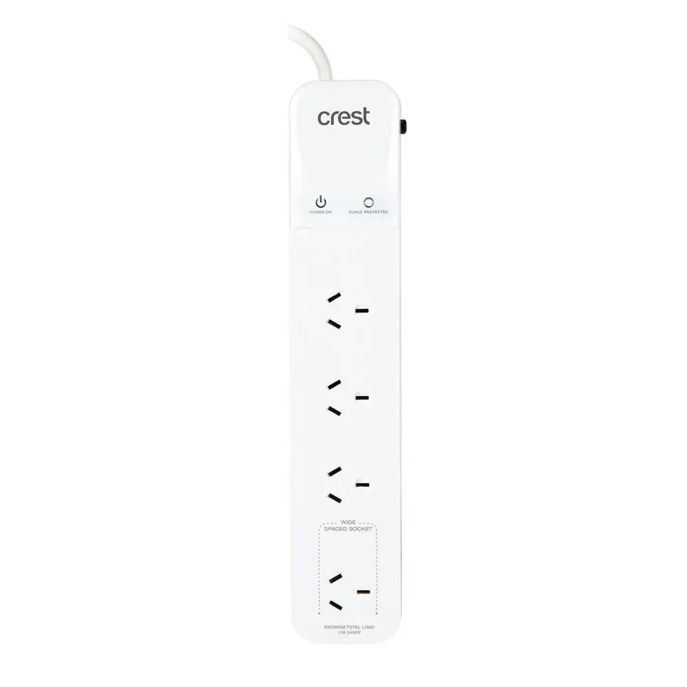 Crest 4-Socket Surge Protected Power Board Extension Strip w/ 1.2m Cable White