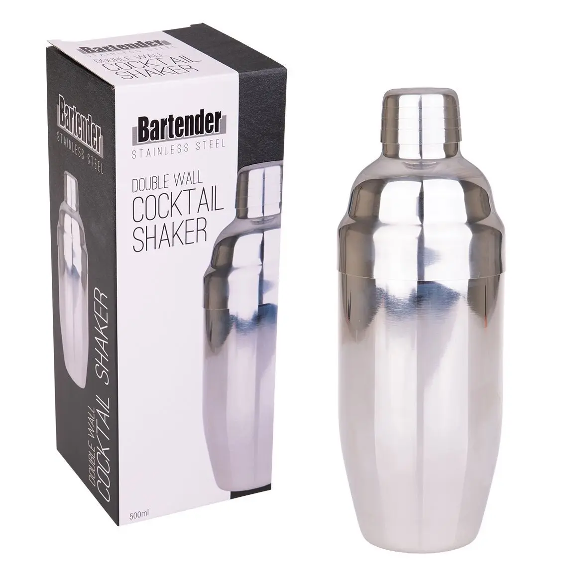 BARTENDER STAINLESS STEEL DOUBLE WALL COCKTAIL SHAKER 500ML - Home & Garden