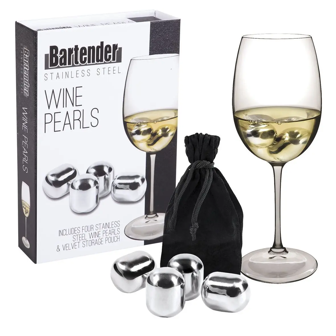 BARTENDER STAINLESS STEEL WINE PEARLS SET 4 WITH BAG - Home & Garden