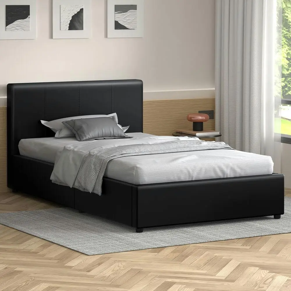 Alfordson Bed Frame Single Size Gas Lift Storage Base Black Leather CALLA - Top Selling Beds