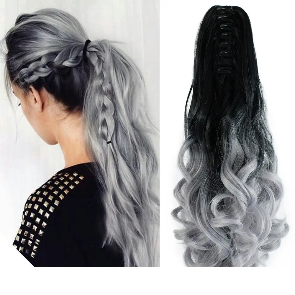 2Pcs Two Tone Ombre High Grade Silver Gray Curly Clip On Pony Tail 24" Hair Clamp09 2X - Beauty