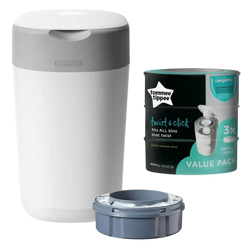 Tommee Tippee Twist & Click Disposal Bin & 3PK Refill Pack f/ Nappy/Diaper Waste - Baby
