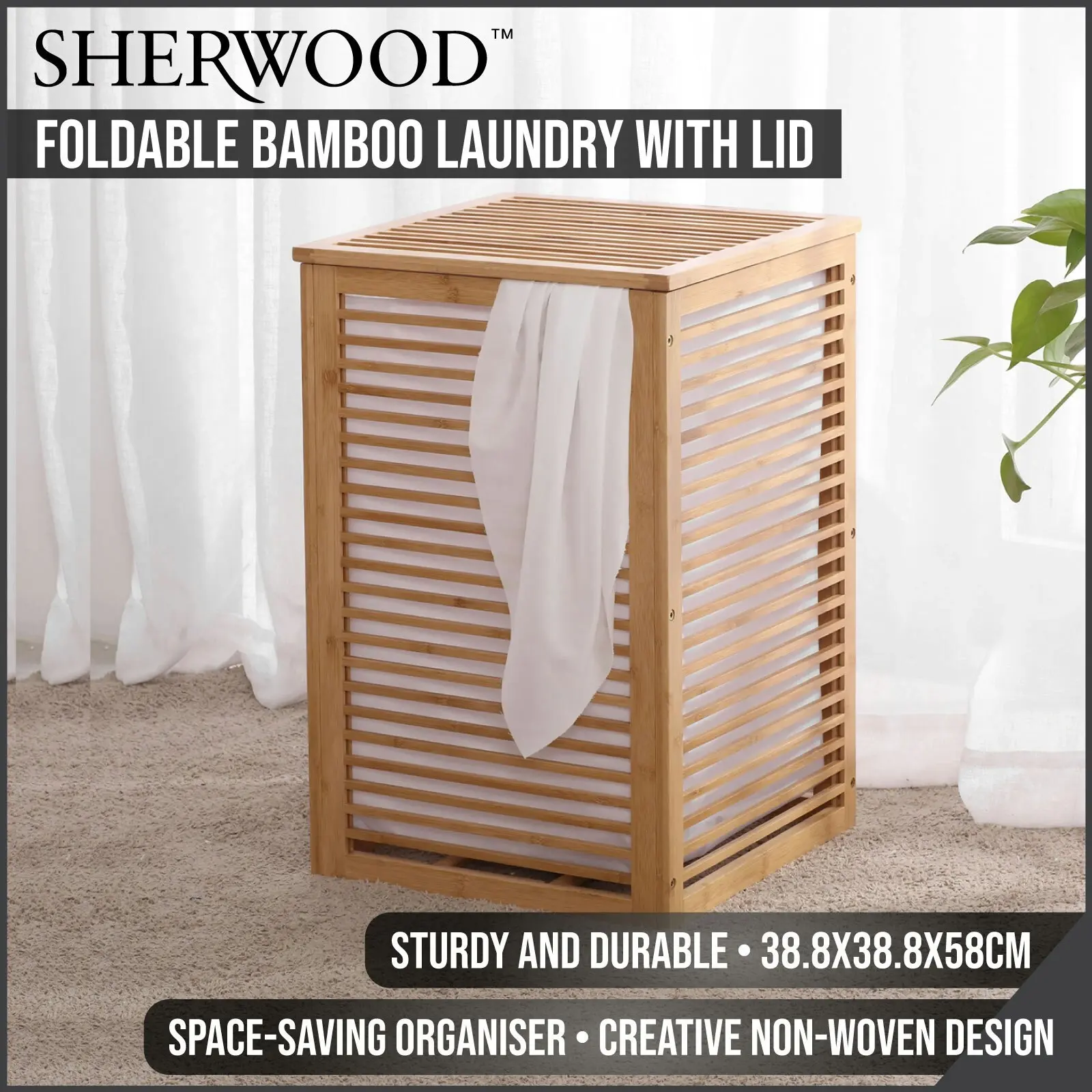 Sherwood Home Foldable Bamboo Laundry with Lid Large 38.8x38.8x58cm - Home & Garden