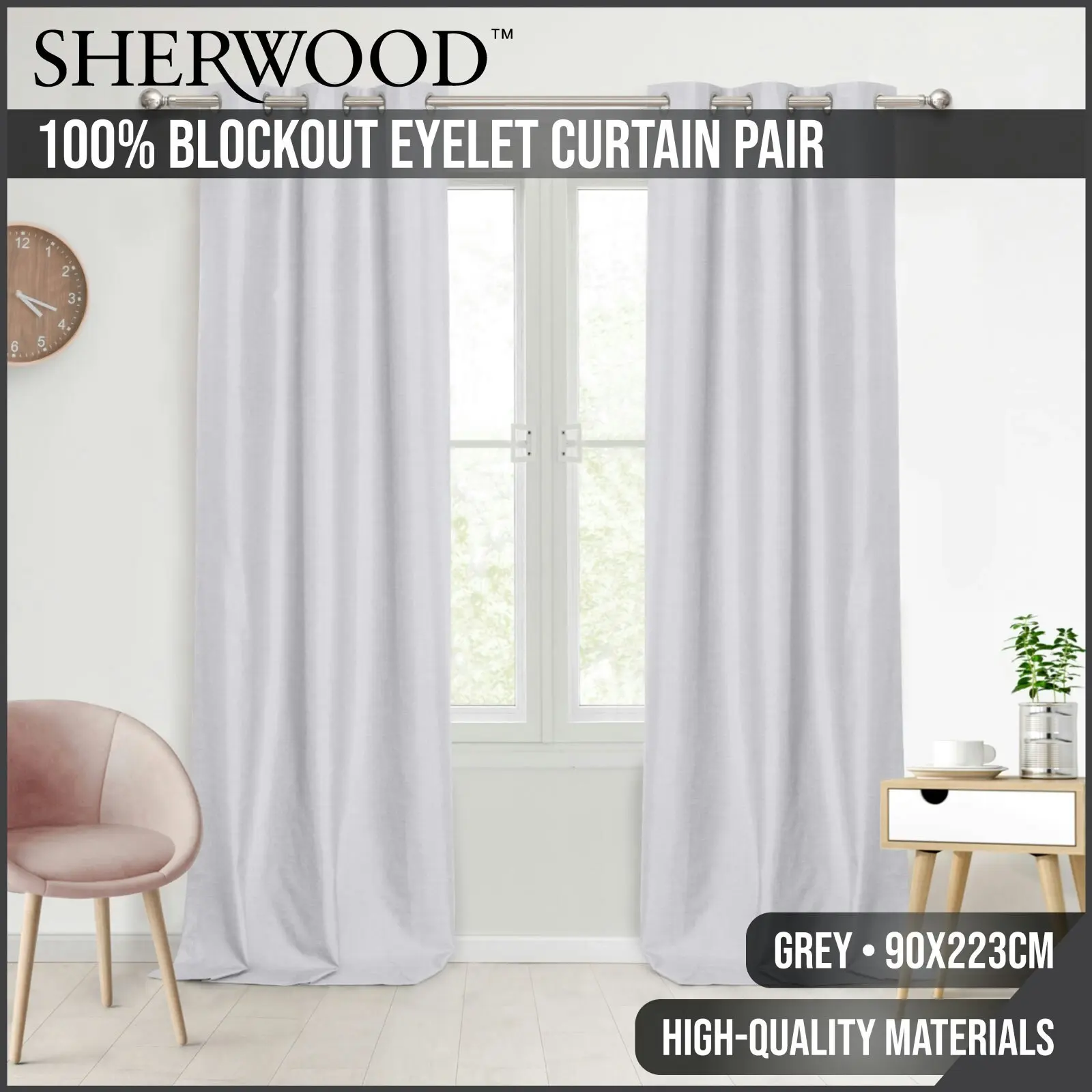 Sherwood Home 100% Blockout Eyelet Curtain Pair Grey 90x223cm - Home & Garden