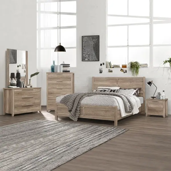 5 Pieces Bedroom Suite Natural Wood Like MDF Structure Queen Size Oak Colour Bed, Bedside Table, Tallboy & Dresser - Furniture