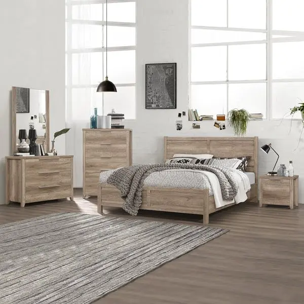 5 Pieces Bedroom Suite Natural Wood Like MDF Structure King Size Oak Colour Bed, Bedside Table, Tallboy & Dresser - Furniture