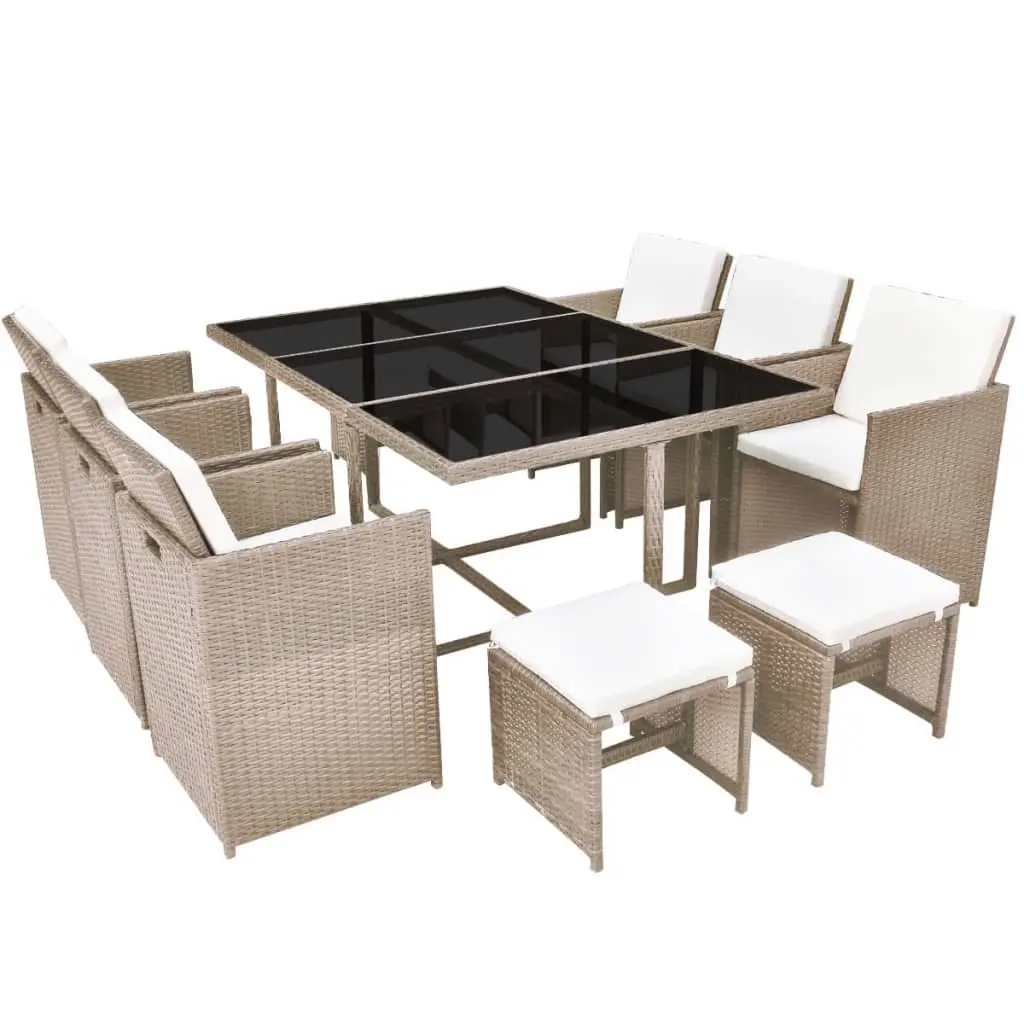 11 Piece Outdoor Dining Set with Cushions Poly Rattan Beige 42557 - Furniture