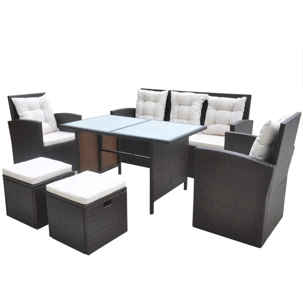 6 Piece Outdoor Dining Set with Cushions Poly Rattan Brown 42644 - Furniture