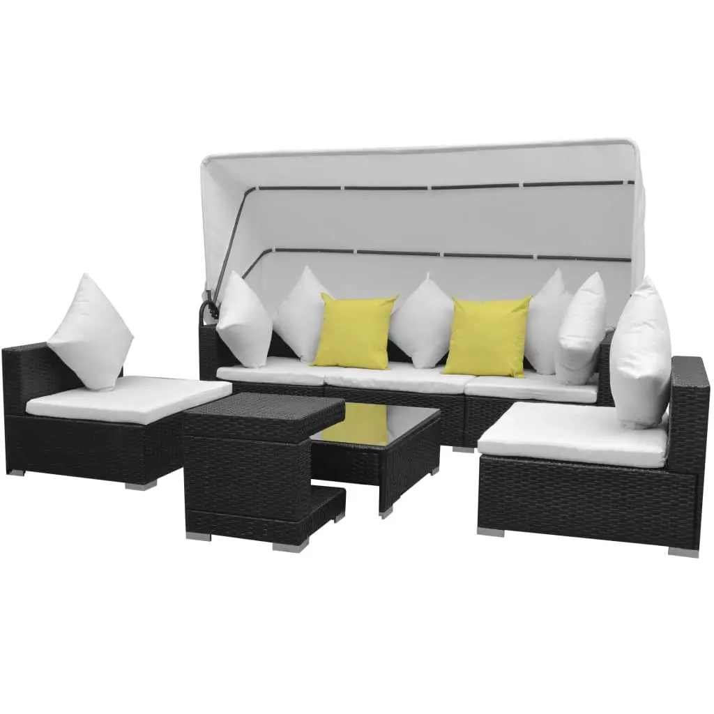 7 Piece Garden Lounge Set with Canopy Poly Rattan Black 42750 - Furniture