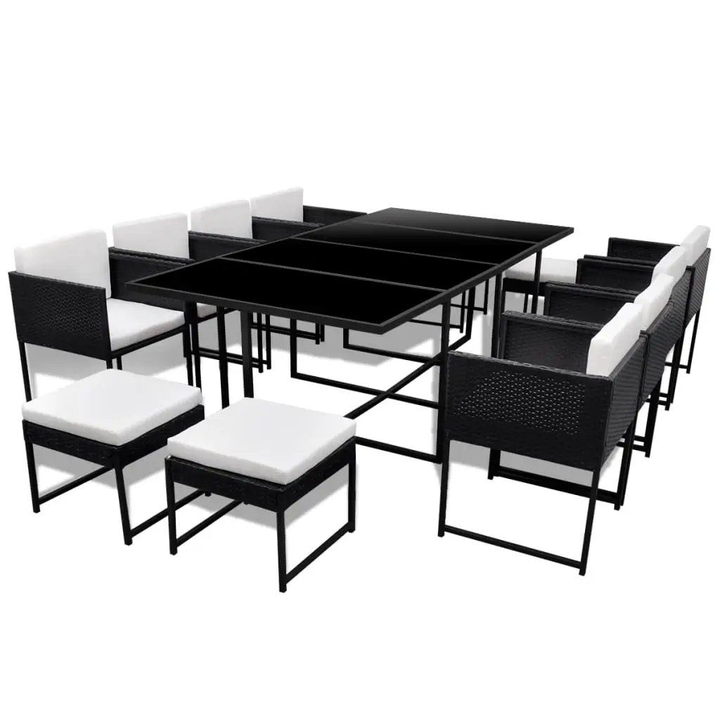 13 Piece Outdoor Dining Set with Cushions Poly Rattan Black 42761 - Furniture