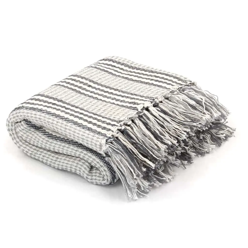 Throw Cotton Stripes 125x150 cm Grey and White 245327 - Home & Garden