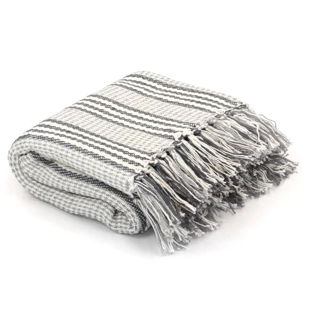 Throw Cotton Stripes 160x210 cm Grey and White 245328 - Home & Garden