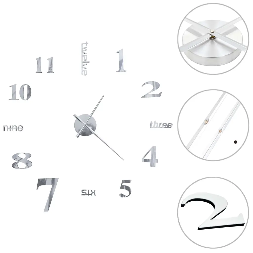 3D Wall Clock Modern Design 100 cm XXL Silver 50636 - Home & Garden