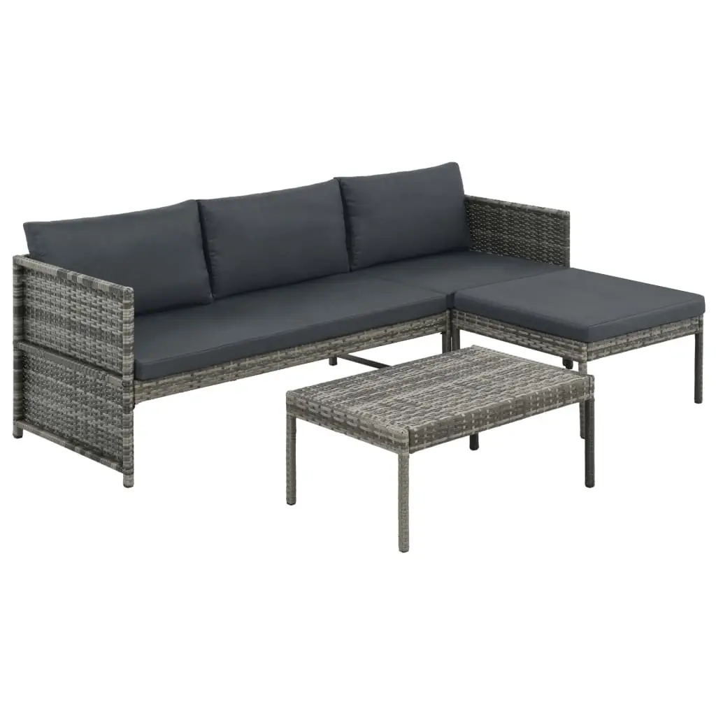 3 Piece Garden Lounge Set with Cushions Poly Rattan Grey 44480 - Furniture