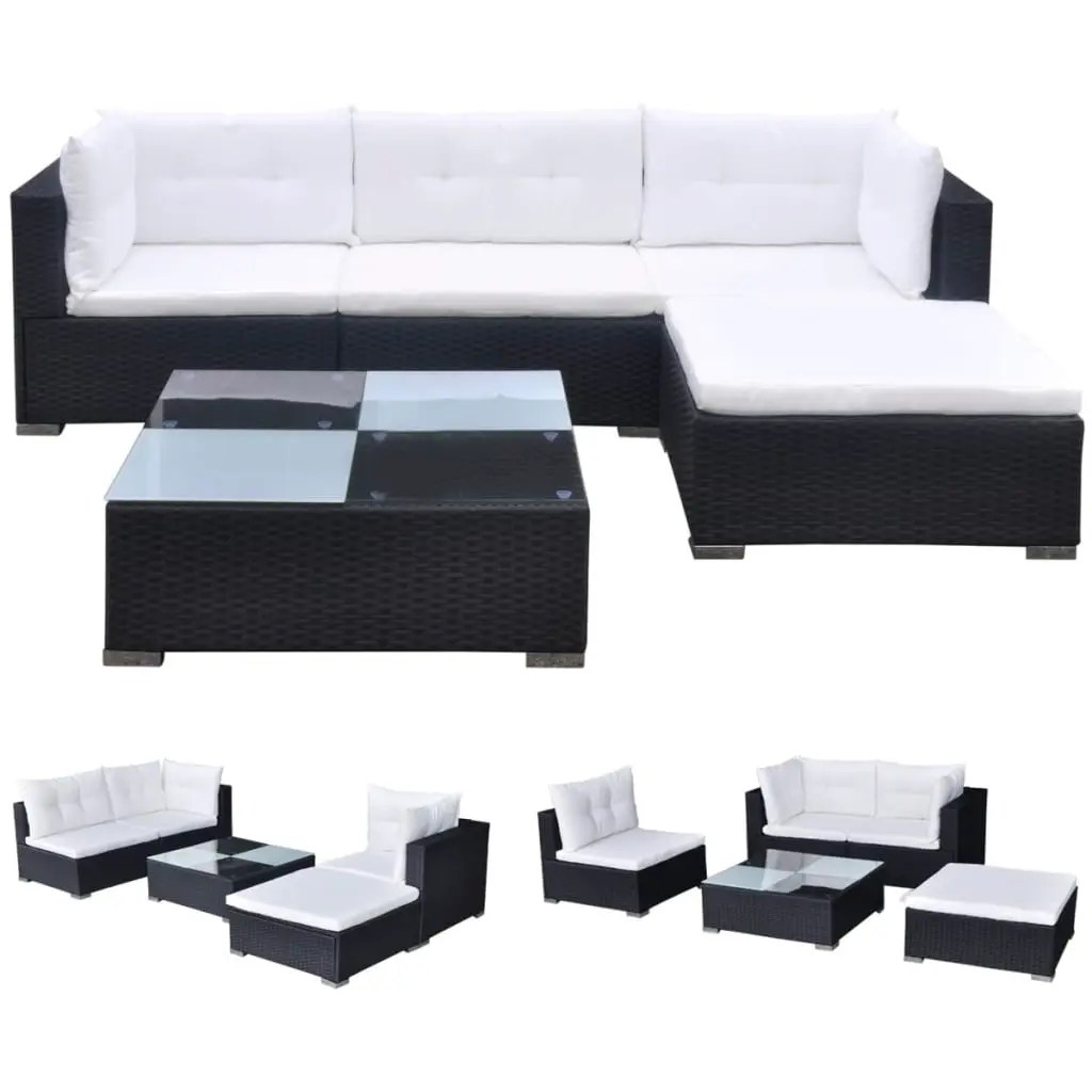 5 Piece Garden Lounge Set with Cushions Poly Rattan Black 41872 - Furniture