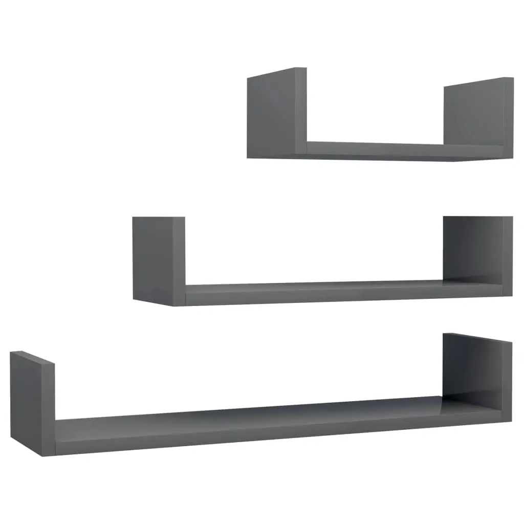 Wall Display Shelf 3 pcs High Gloss Grey Engineered Wood 800206 - Furniture