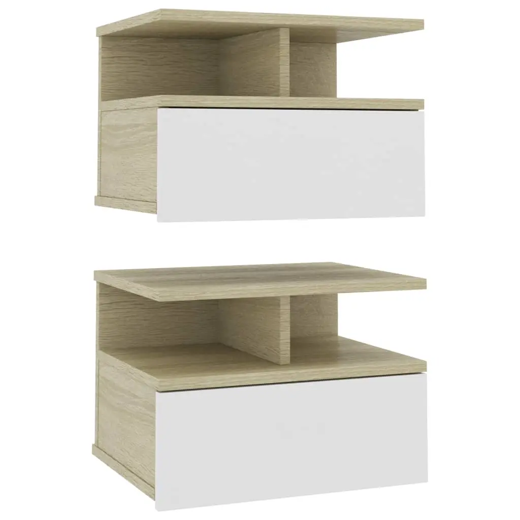 Floating Nightstands 2 pcs White and Sonoma Oak 40x31x27 cm Engineered Wood 800416 - Furniture