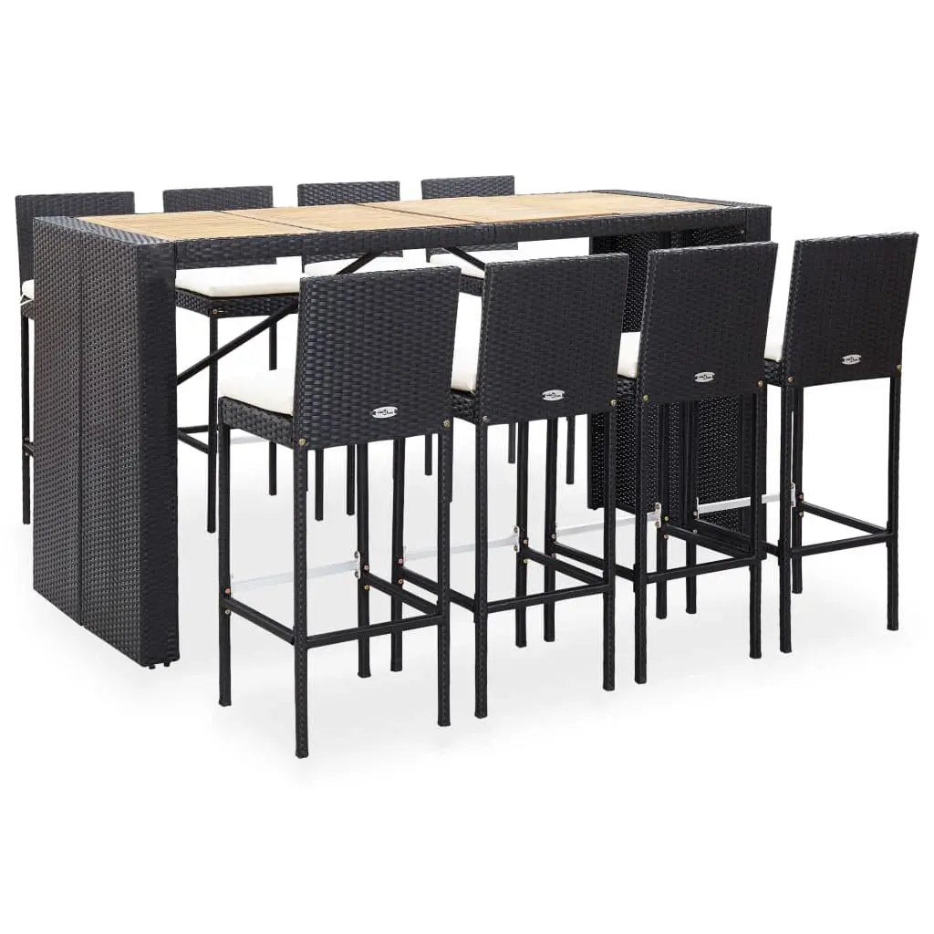 9 Piece Outdoor Bar Set Poly Rattan and Acacia Wood Black 49566 - Furniture