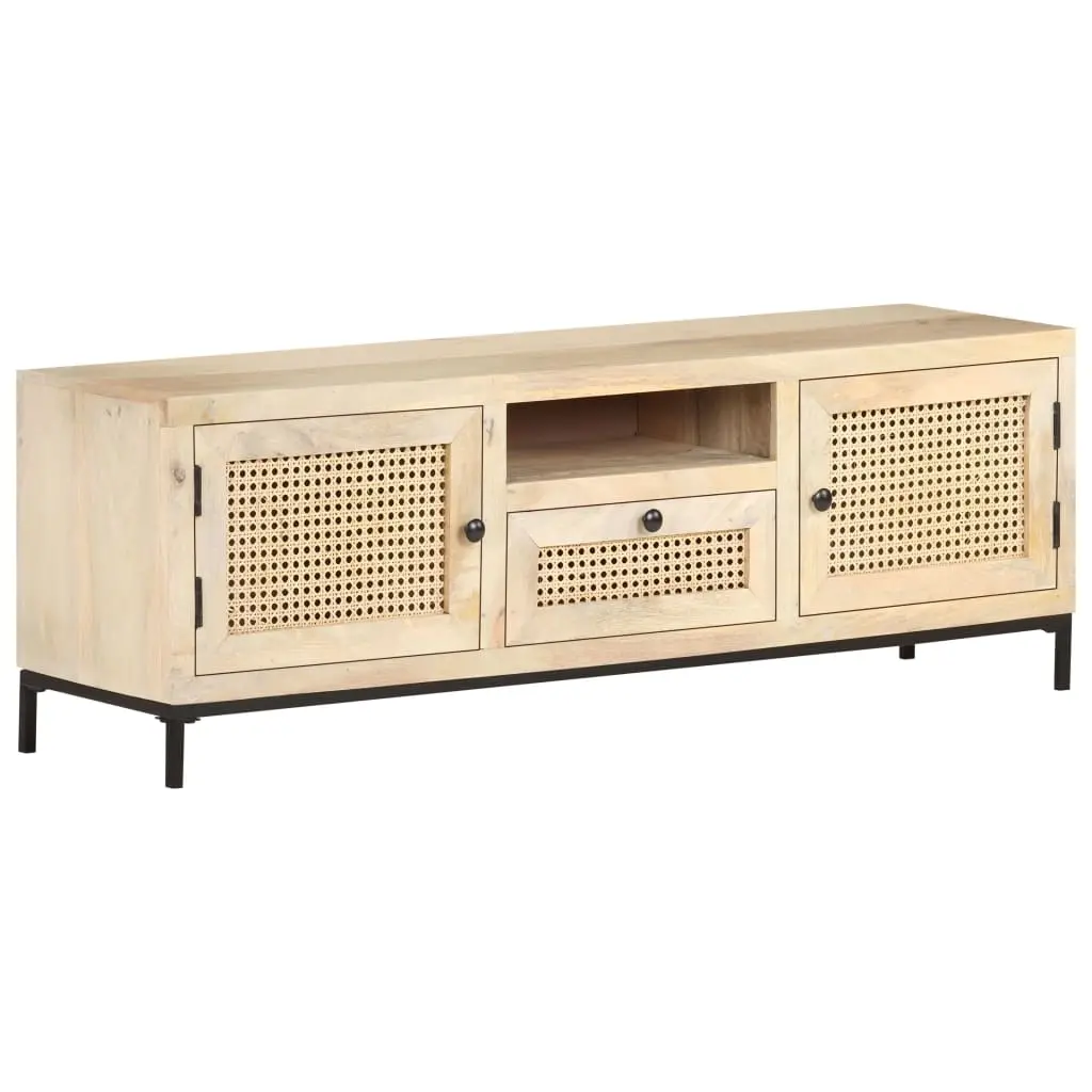 TV Cabinet 120x30x40 cm Solid Mango Wood and Natural Cane 323510 - Furniture