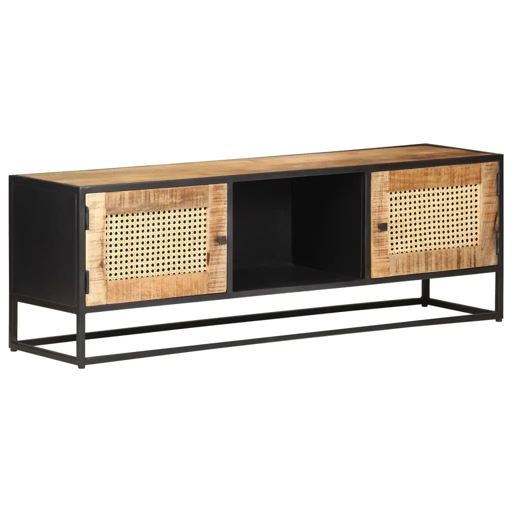 TV Cabinet 120x30x40 cm Rough Mango Wood and Natural Cane 323142 - Furniture