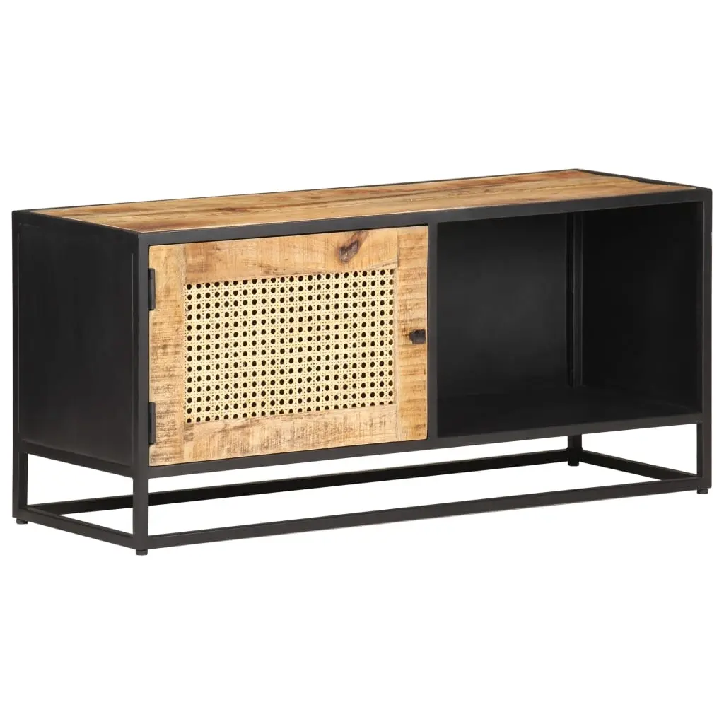 TV Cabinet 90x30x40 cm Rough Mango Wood and Natural Cane 323144 - Furniture