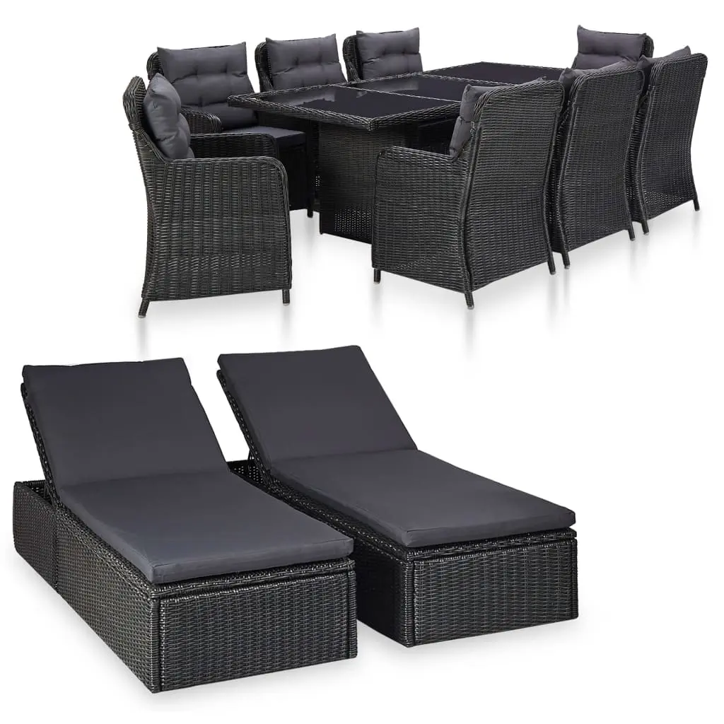 11 Piece Outdoor Dining Set Poly Rattan Black 3057811 - Furniture