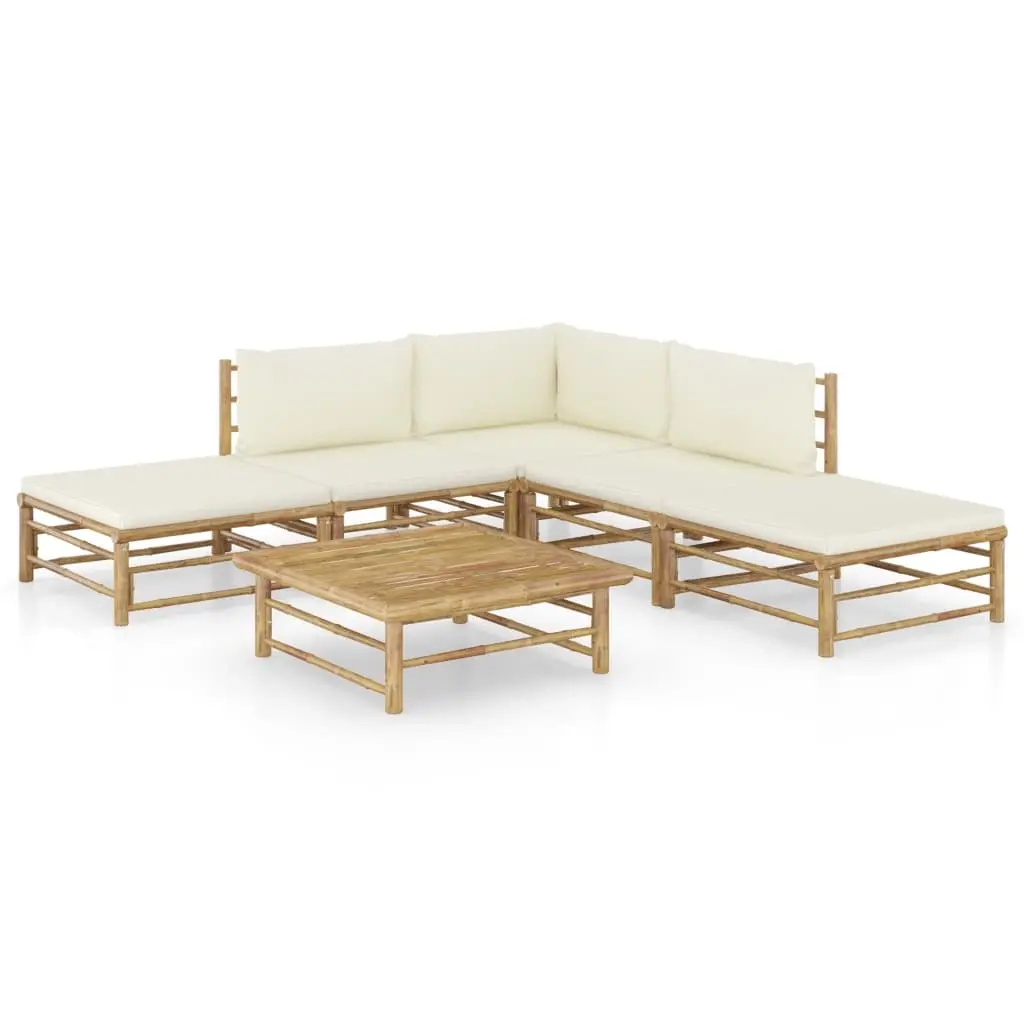 6 Piece Garden Lounge Set with Cream White Cushions Bamboo 3058187 - Furniture