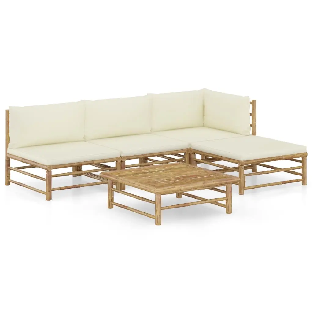 5 Piece Garden Lounge Set with Cream White Cushions Bamboo 3058191 - Furniture