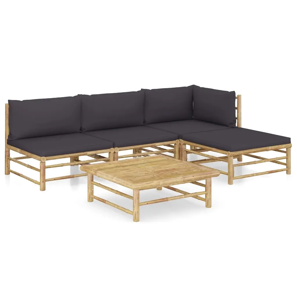 5 Piece Garden Lounge Set with Dark Grey Cushions Bamboo 3058192 - Furniture