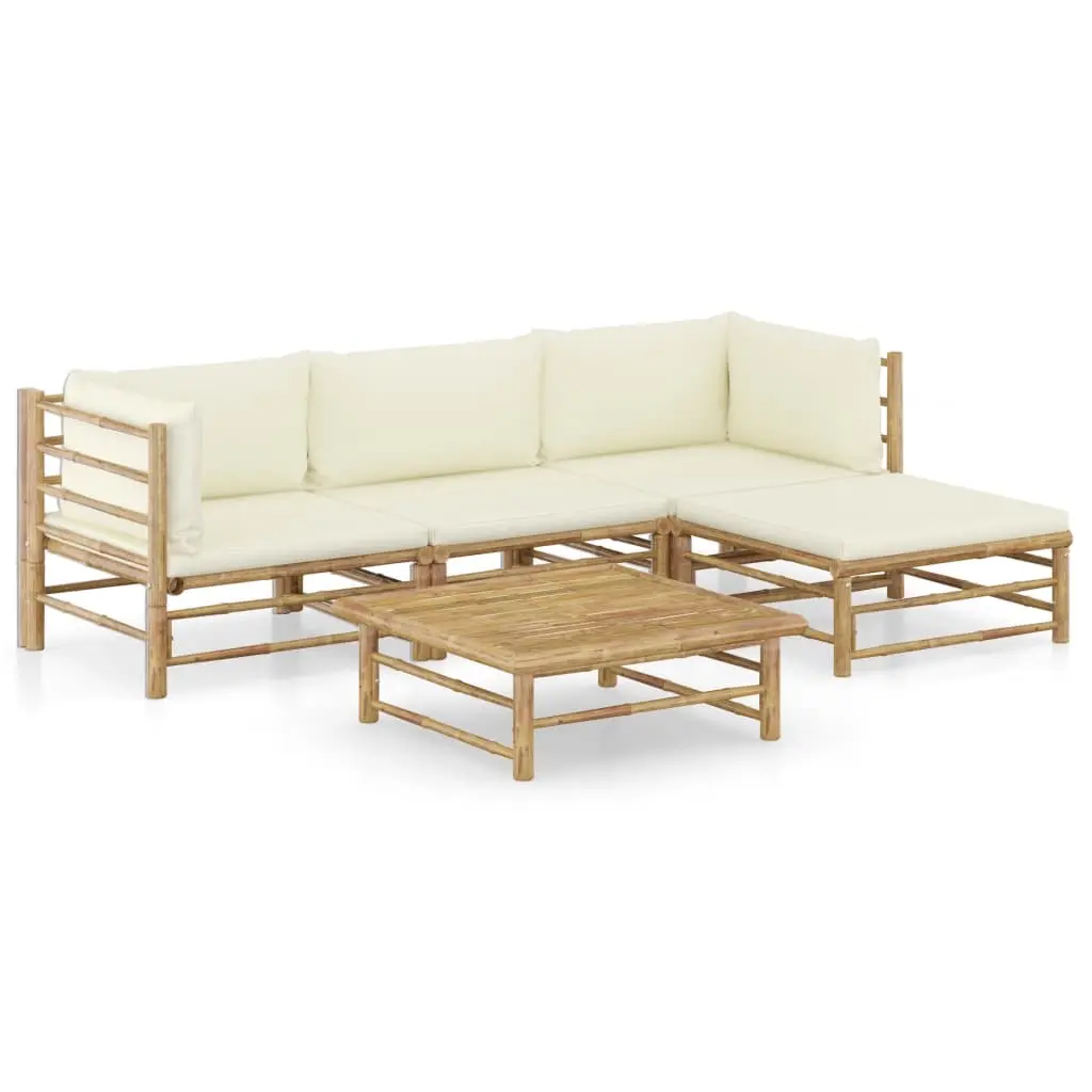 5 Piece Garden Lounge Set with Cream White Cushions Bamboo 3058193 - Furniture