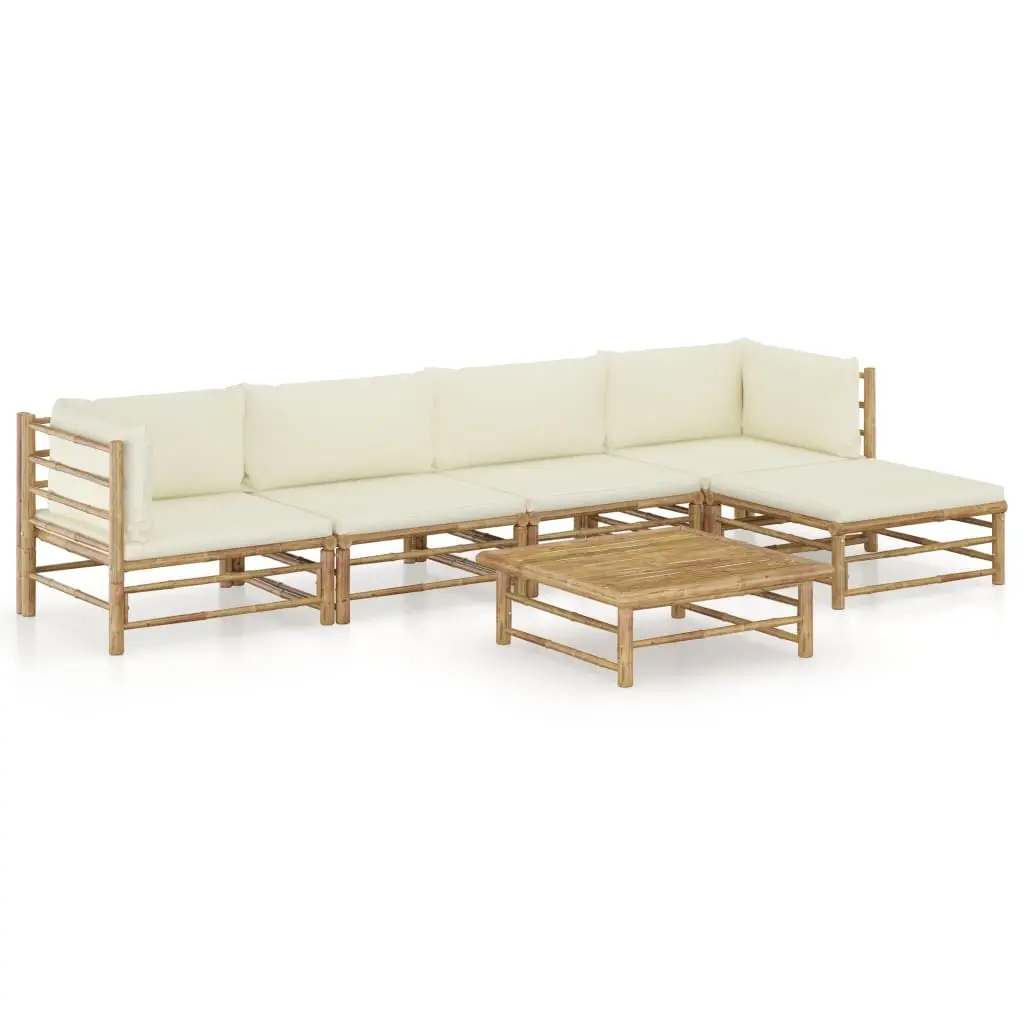 6 Piece Garden Lounge Set with Cream White Cushions Bamboo 3058197 - Furniture
