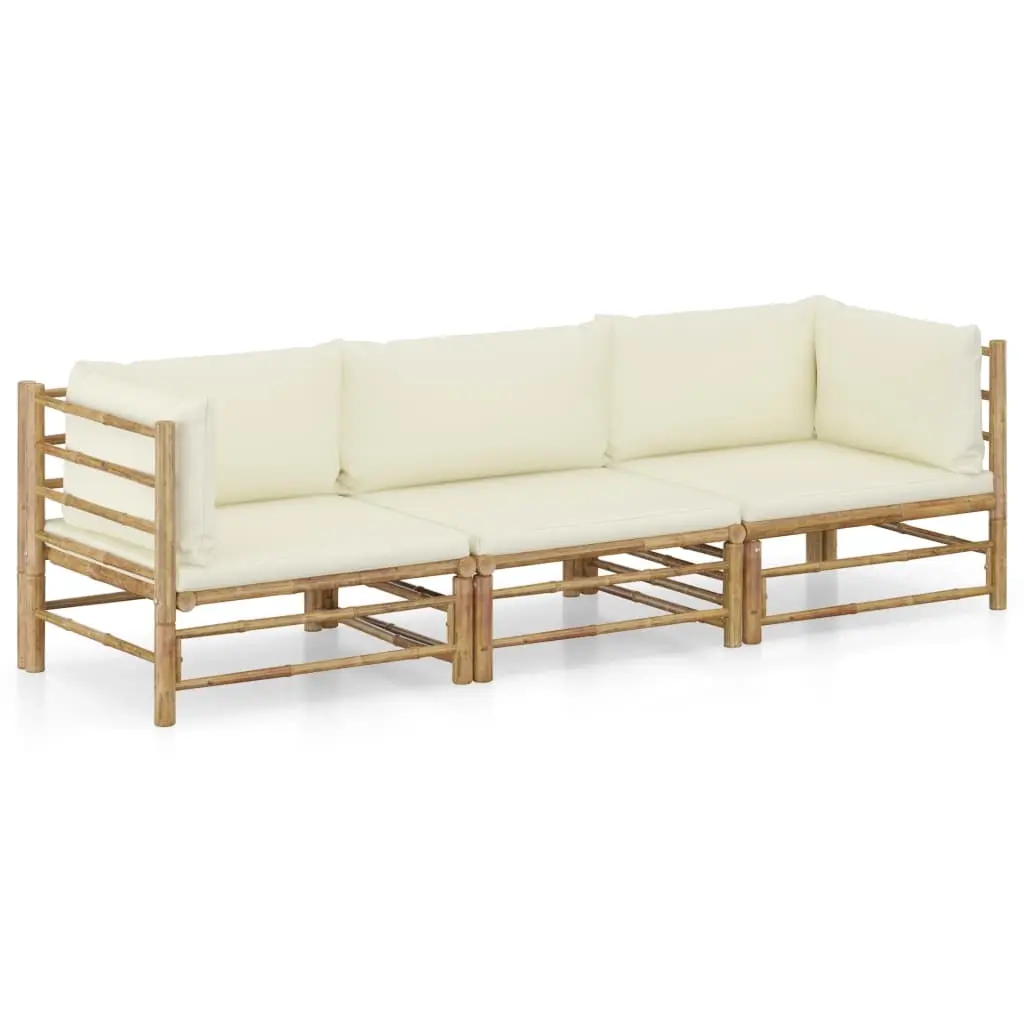 3 Piece Garden Lounge Set with Cream White Cushions Bamboo 3058203 - Furniture