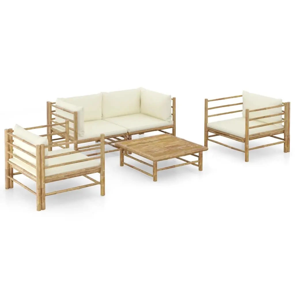 5 Piece Garden Lounge Set with Cream White Cushions Bamboo 3058207 - Furniture