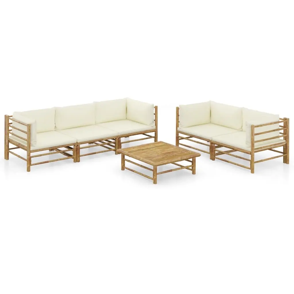 6 Piece Garden Lounge Set with Cream White Cushions Bamboo 3058209 - Furniture