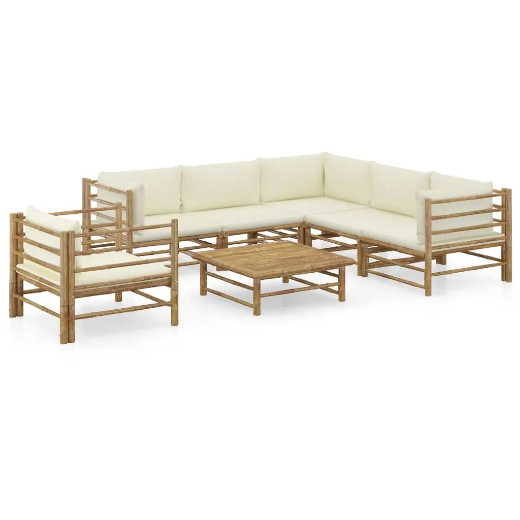 7 Piece Garden Lounge Set with Cream White Cushions Bamboo 3058215 - Furniture