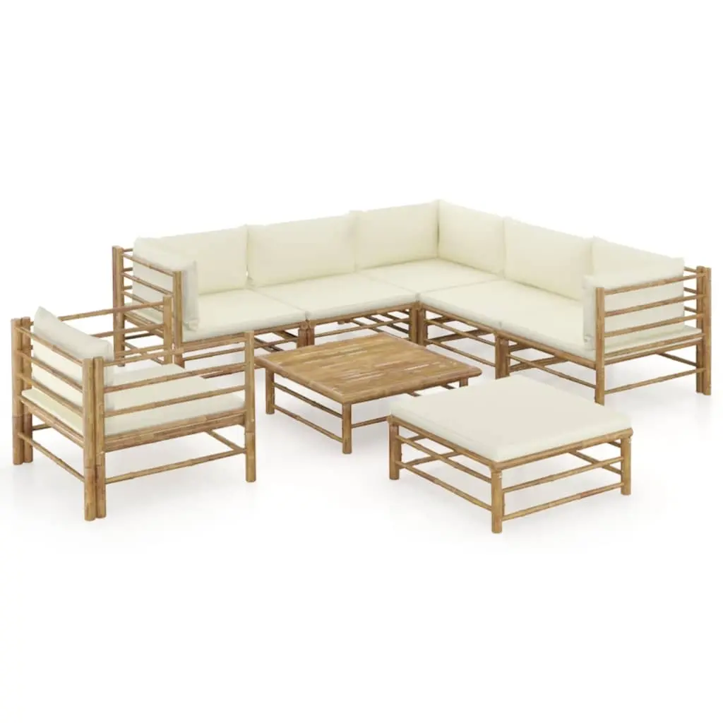 8 Piece Garden Lounge Set with Cream White Cushions Bamboo 3058217 - Furniture